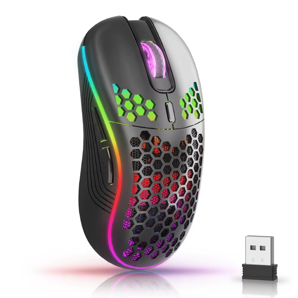 2.4G Wireless Mouse with RGB Backlit Button 3-Speed 6 DPI Type C Rechargeable Ergonomic Honeycomb Design Gaming Mouse