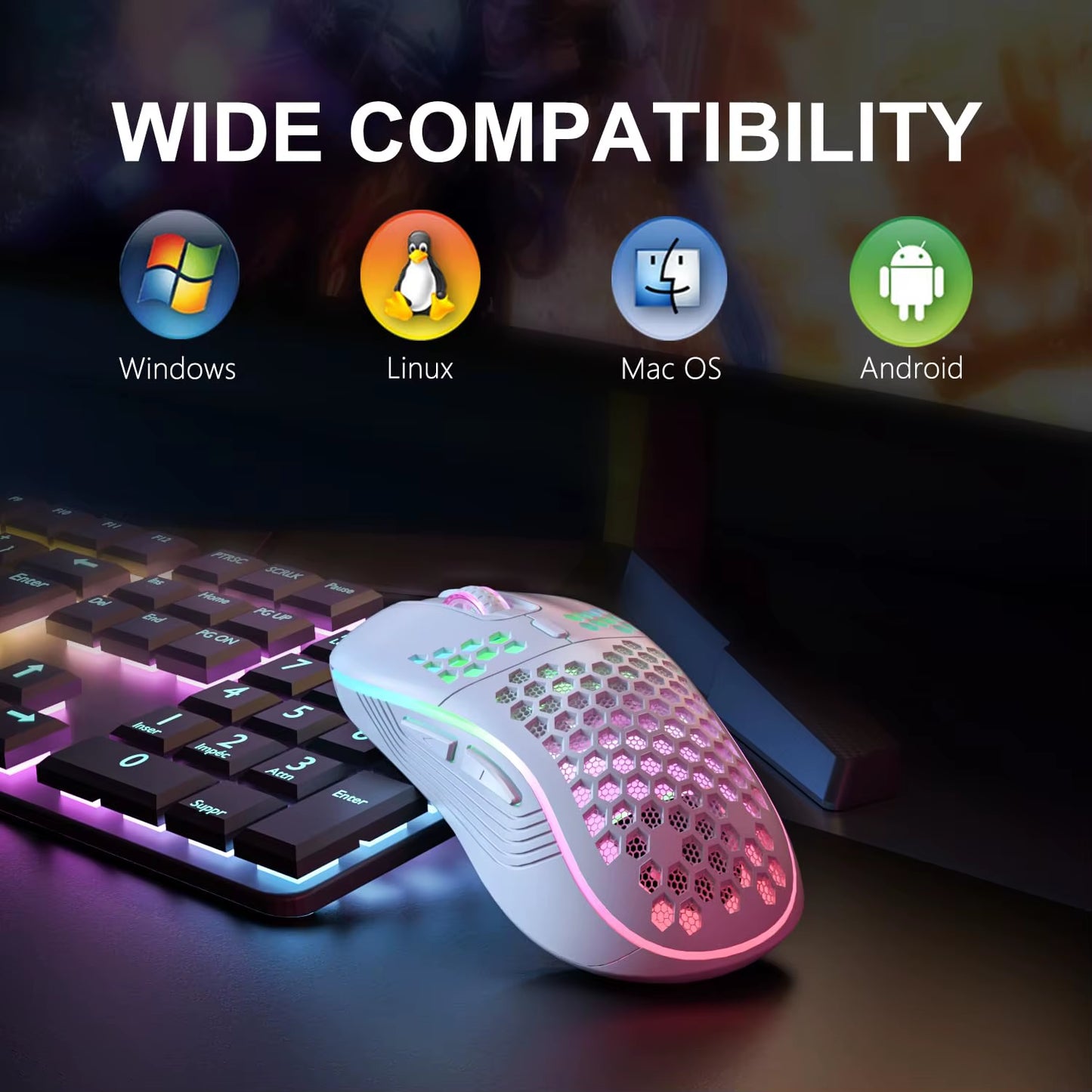 2.4G Wireless Mouse with RGB Backlit Button 3-Speed 6 DPI Type C Rechargeable Ergonomic Honeycomb Design Gaming Mouse