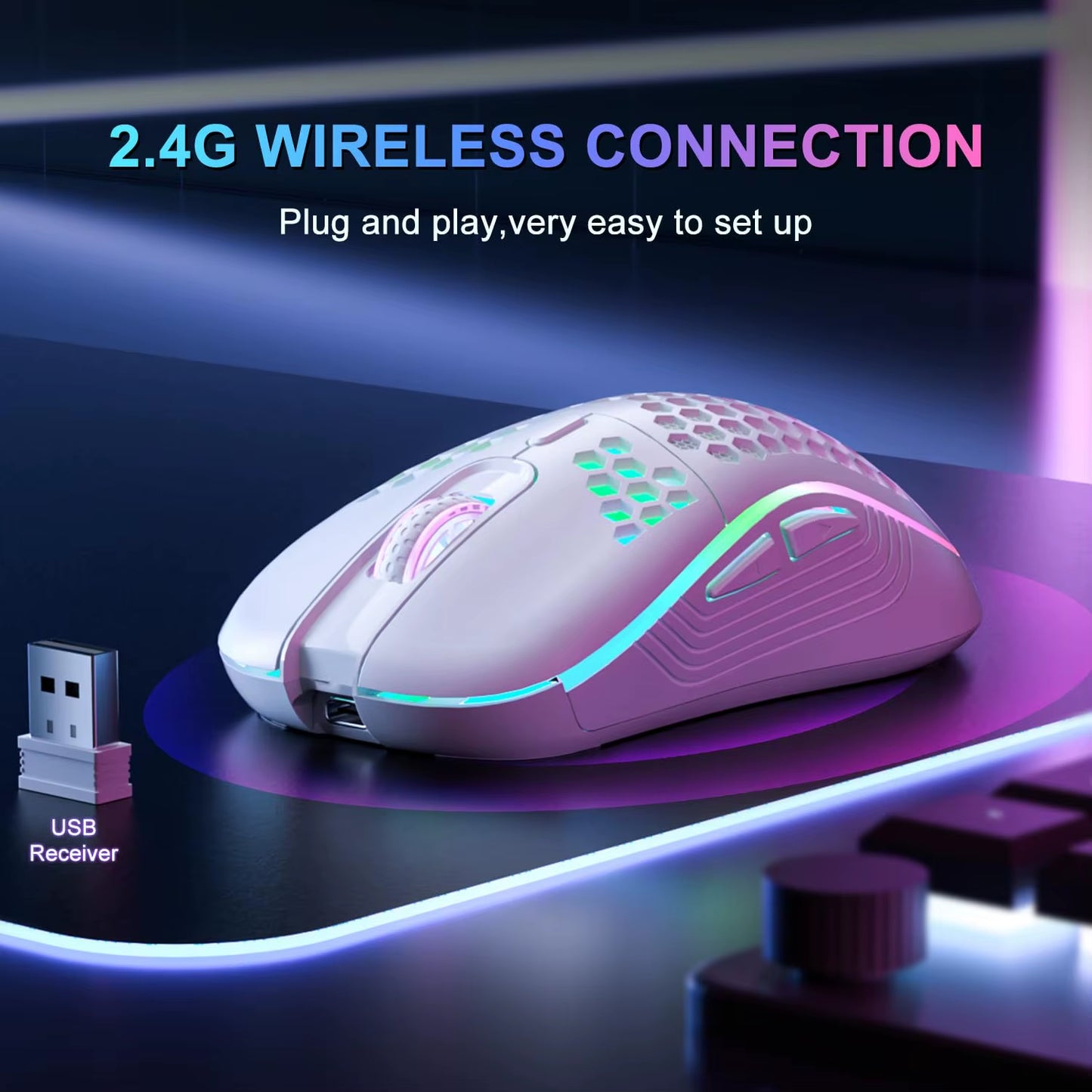 2.4G Wireless Mouse with RGB Backlit Button 3-Speed 6 DPI Type C Rechargeable Ergonomic Honeycomb Design Gaming Mouse