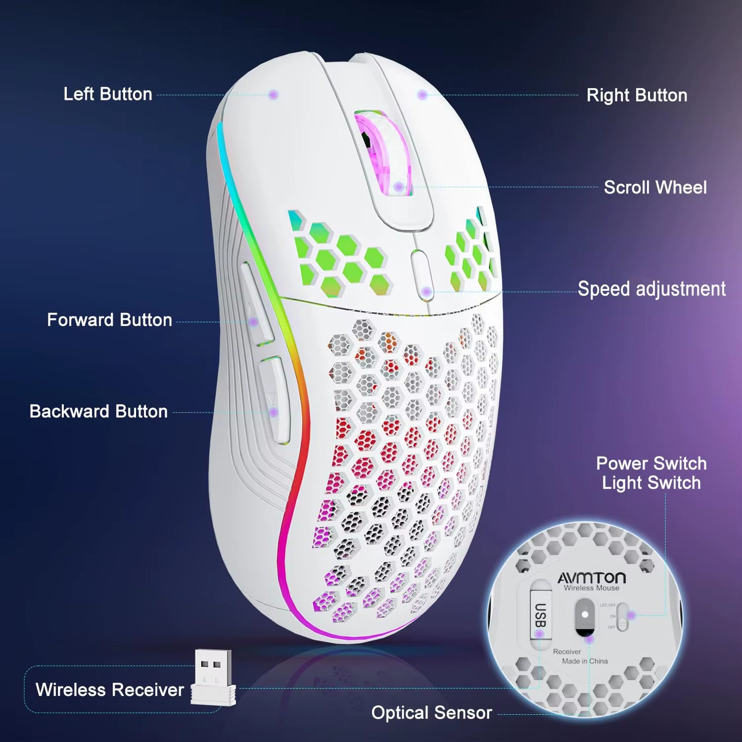2.4G Wireless Mouse with RGB Backlit Button 3-Speed 6 DPI Type C Rechargeable Ergonomic Honeycomb Design Gaming Mouse