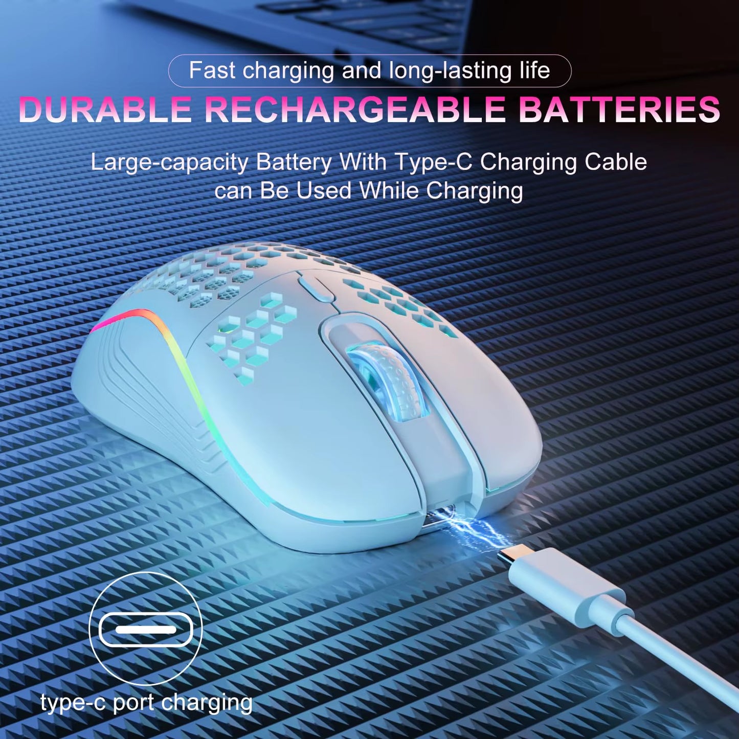 2.4G Wireless Mouse with RGB Backlit Button 3-Speed 6 DPI Type C Rechargeable Ergonomic Honeycomb Design Gaming Mouse