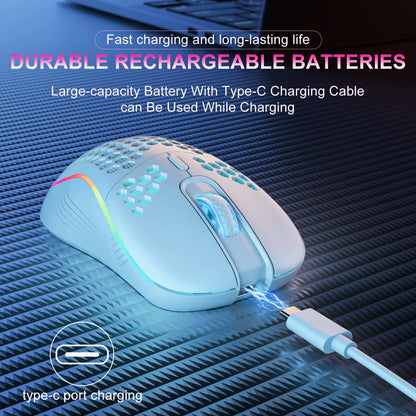 2.4G Wireless Mouse with RGB Backlit Button 3-Speed 6 DPI Type C Rechargeable Ergonomic Honeycomb Design Gaming Mouse